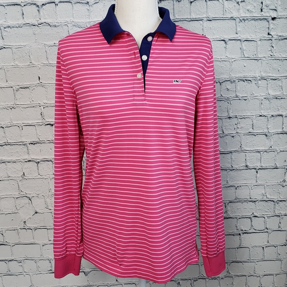 Vineyard Vines Pink & White Striped Long Sleeve Polo with Navy Collar